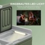 Offene grüne Outsunny Kühlbox mit hellem LED-Licht innen. Zeigt Nutzung beim Camping in dunkler Umgebung. Praktisches Autozubehör.