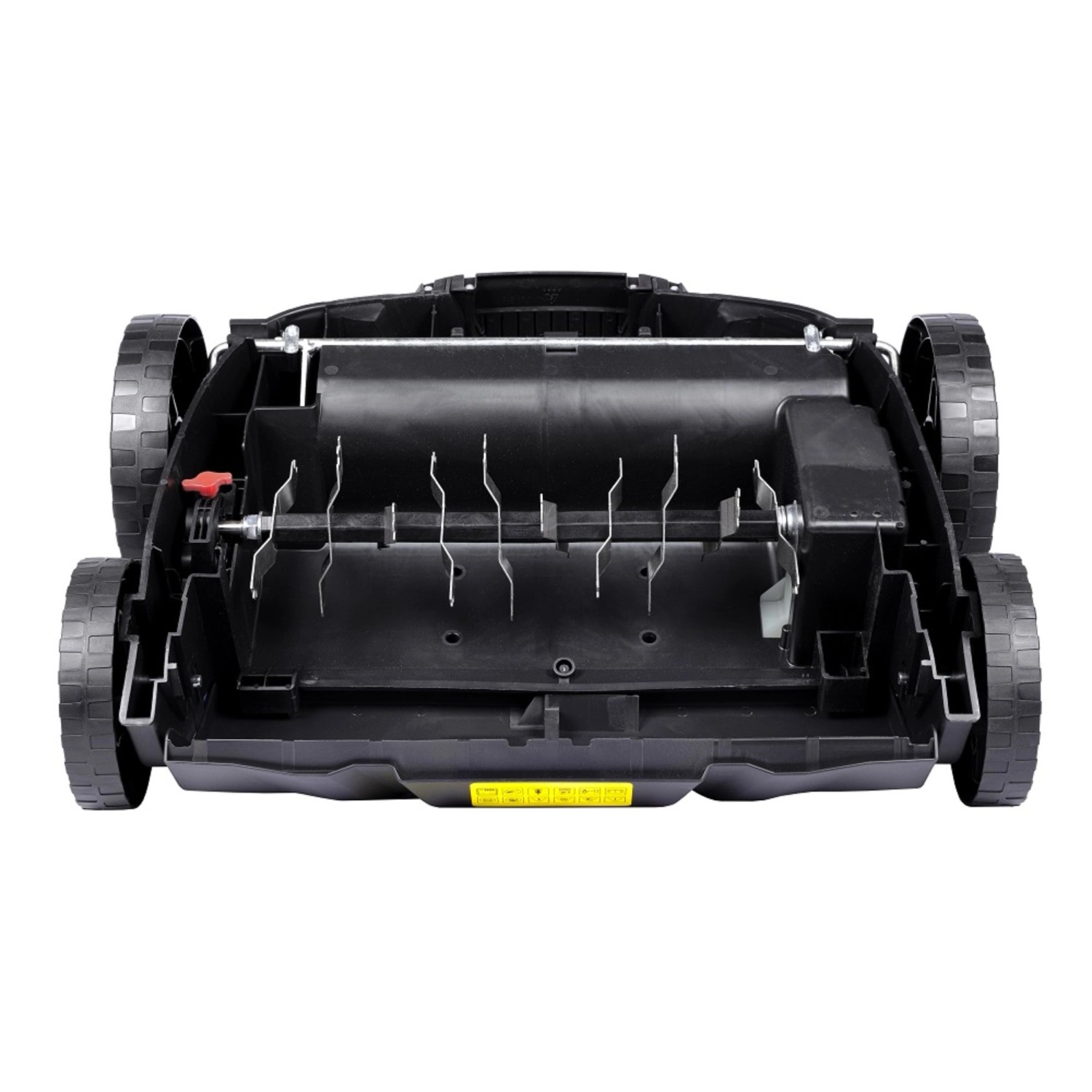 Hyundai Elektro-Vertikutierer SC3601E, Unteransicht mit Vertikutierwalze und Rädern.