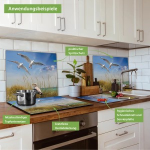 Banjado Herdabdeckplatte Glas Möwen als Schneidebrett und Spritzschutz in Küche.