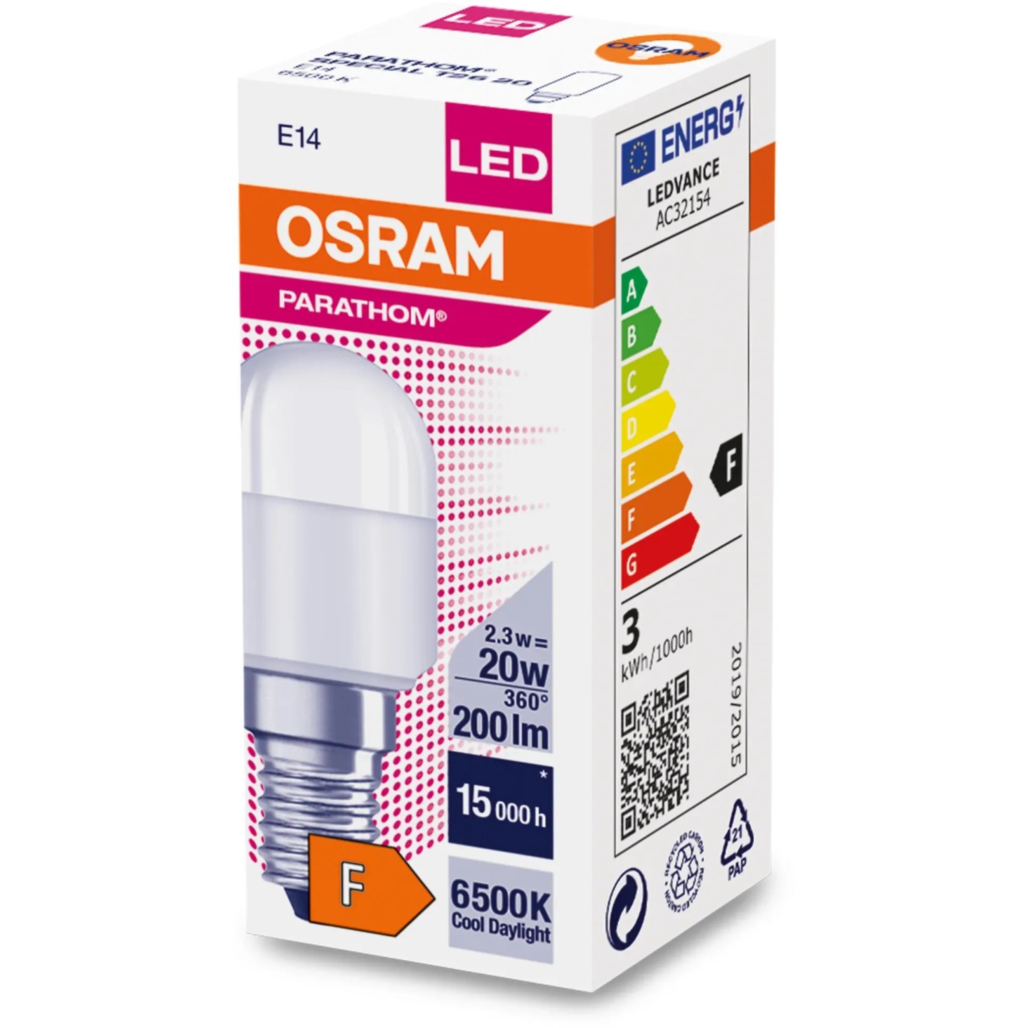 Osram LED-Speziallampe T26 E14, 2,3W, Kaltweiß, in Verpackung mit Energieeffizienzlabel.