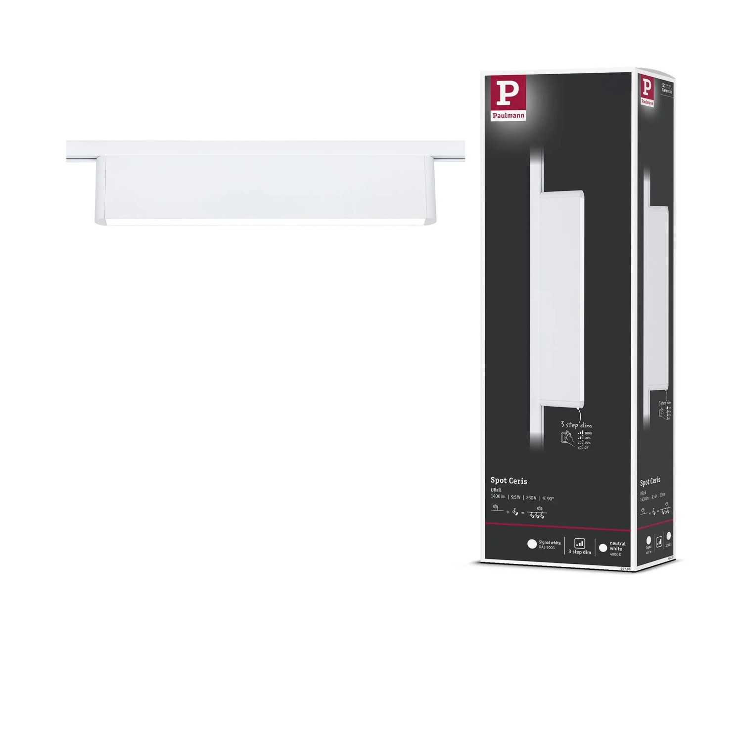 Paulmann Lightbar Ceris URail, dimmbar, signalweißes LED-Schienensystem aus Aluminium, neben der Produktverpackung.