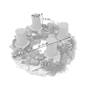 MCW Adventskranz aus Holz mit 4 roten Kerzen, geschmückt mit Kugeln und Tannenzapfen.