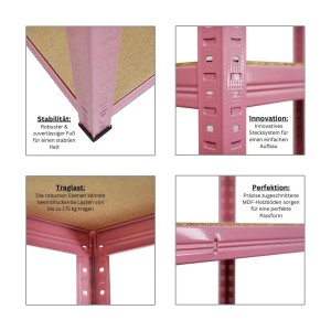Detailansichten des pinken BERLINLODGE Wohnregals mit robusten Böden und Stecksystem.