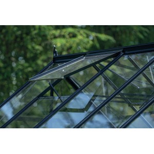 Detailaufnahme des Halls Icon Planthouse Gewächshauses mit schwarzen Montageleisten für Sicherheitsglas.