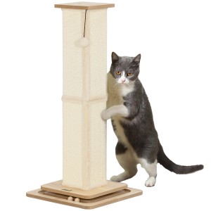 PawHut Kratzstamm Eiche mit Katze, 87cm hoch. Kratzsäule mit Sisal und Spielzeug.
