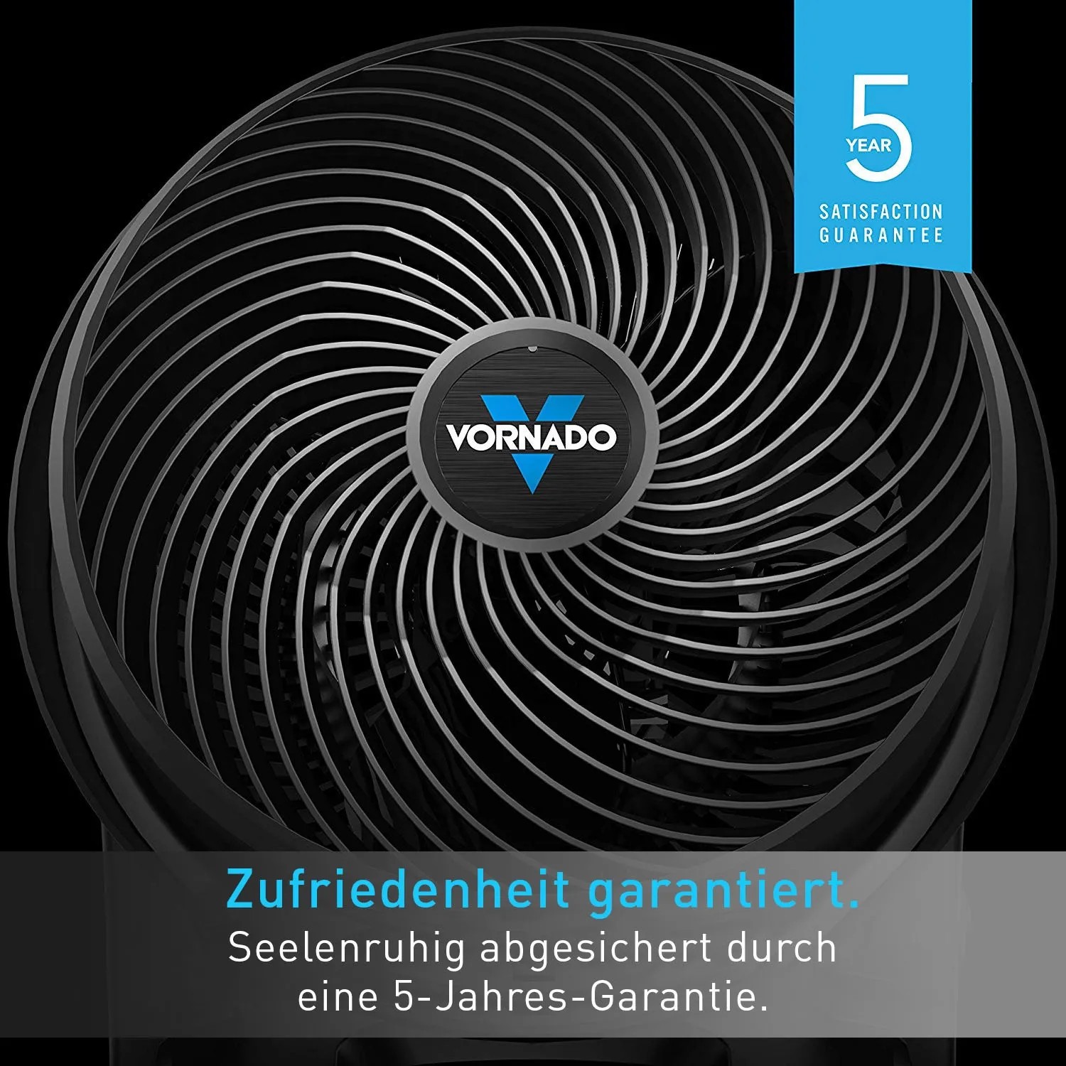 Schwarzer Vornado 630 Tischventilator mit 5-Jahres-Garantie für optimale Luftzirkulation.