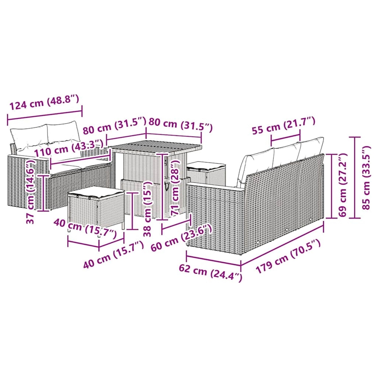 Schwarzes 8-teiliges vidaXL Garten-Sofa-Set aus Polyrattan mit Tisch und Kissen.