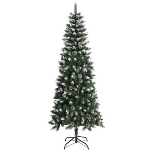 Künstlicher, grüner Weihnachtsbaum (210 cm) mit Schnee und Zapfen auf Stahlständer.