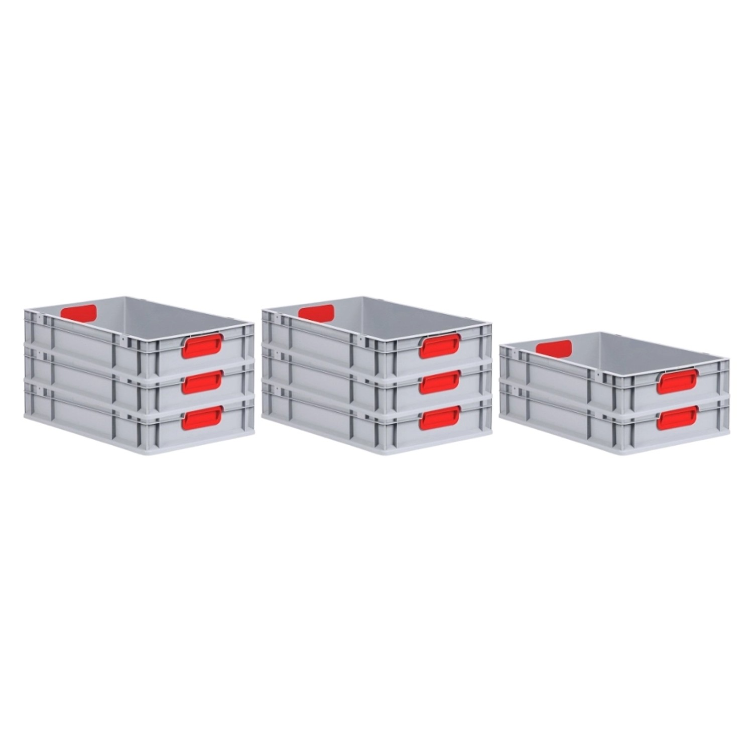 PROREGAL Spar Set: 8 graue Euroboxen mit roten Griffen, 23 Liter, gestapelt.