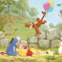 Fototapete mit Winnie Puuh, Ferkel, Tigger und I-Aah im Ballonfahrt-Design für Kinderzimmer.