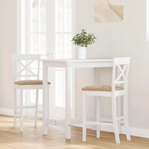 Zwei weiße vidaXL Barhocker aus Massivholz mit braunen Kissen. Stühle im Esszimmer.
