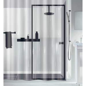 Spirella Duschvorhang Illusion, 180x200 cm, schwarz-transparent mit Duschmotiv.