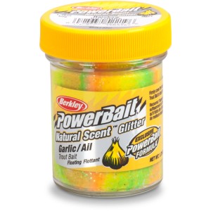 Berkley Trout Bait NS Garlic Rainbow Fischköder im Glas, gelber Deckel, grün-orange Teig.