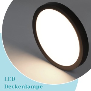 Schwarze, runde NETTLIFE LED Deckenleuchte aus Kunststoff, 18cm, leuchtet neutralweiß. IP44 spritzwassergeschützt für Bad & Küche.