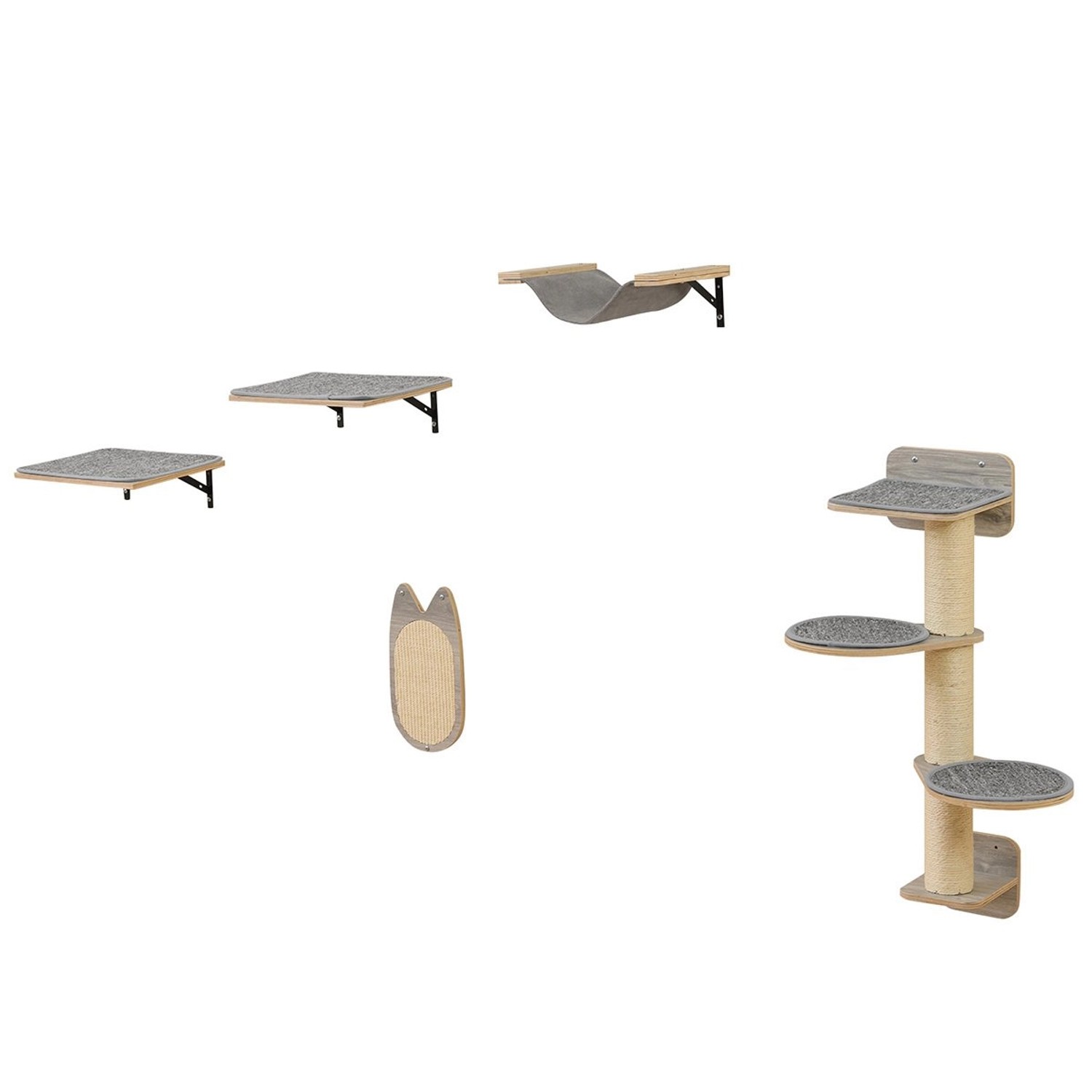 Costway Katzenbaum Wand Kletterbaum Holz Grau 5 PCS-Kratzbrett