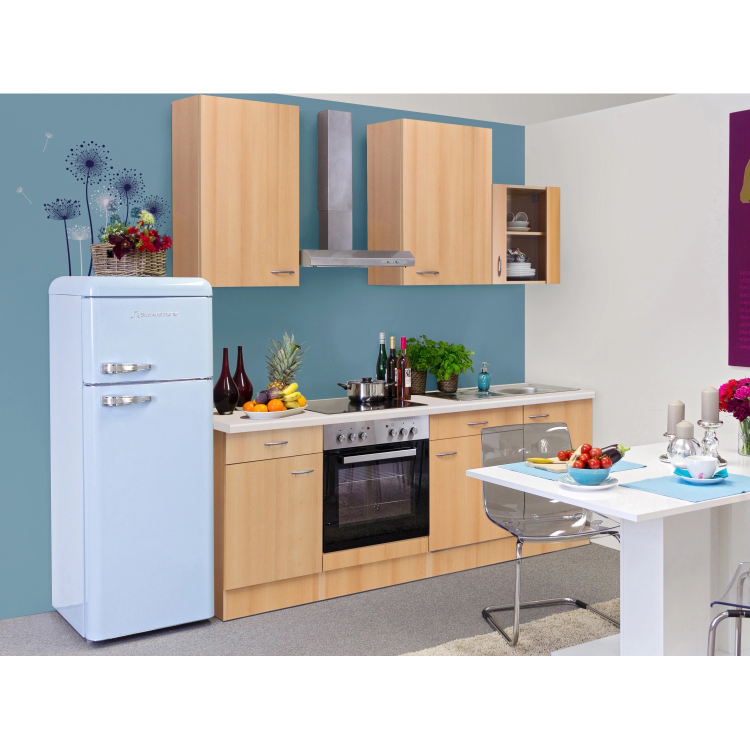 Flex-Well Classic Küchenzeile/Küchenblock Nano 220 cm Buche Nachbildung