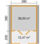 Grundriss Weka Weekendhaus 137 B: 380x580cm, davon 200cm überdachte Terrasse. Weekendhaus mit Maßen.