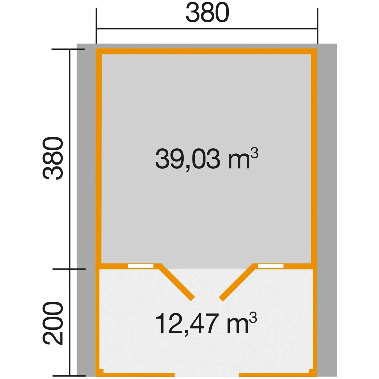 Grundriss Weka Weekendhaus 137 B: 380x580cm, davon 200cm überdachte Terrasse. Weekendhaus mit Maßen.