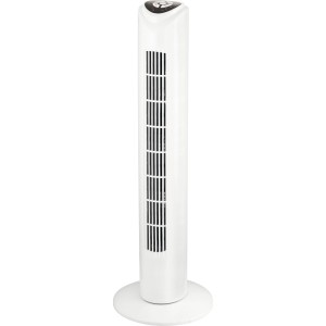 Weißer Turmventilator, 80 cm hoch, mit Bedienfeld oben und runden Standfuß. Ideal für heiße Tage.