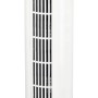 Weißer Turmventilator, 80 cm hoch, mit Bedienfeld oben und runden Standfuß. Ideal für heiße Tage.