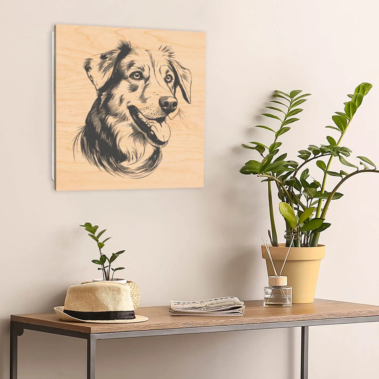 Banjado Schlüsselbox mit Hundeillustration, 30x30cm. Schlüsselkasten aus Holz mit 50 Haken, weiß.