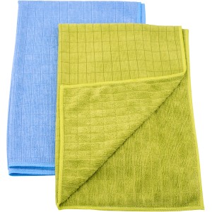 2er-Set Purclean Mikrofaser Geschirrtücher in Blau und Grün mit Wabenstruktur.