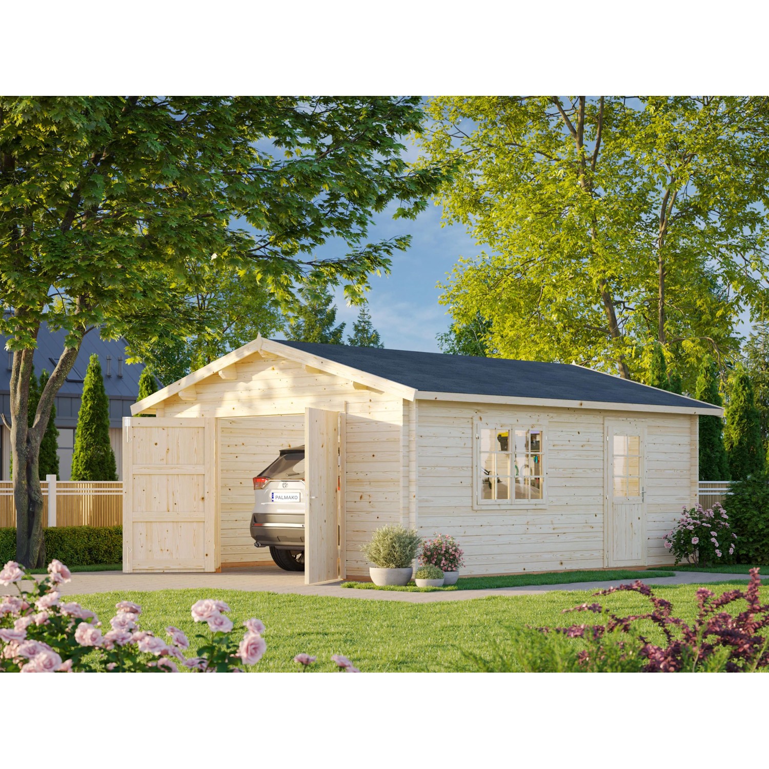 Palmako Holzgarage Roger mit Holztor Grau tauchgrundiert 450 cm x 550 cm günstig online kaufen