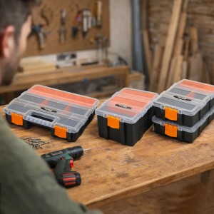 HMF Sortierbox Set, 4-teilig, mit transparentem Deckel und orangefarbenen Details zur Aufbewahrung von Kleinteilen.