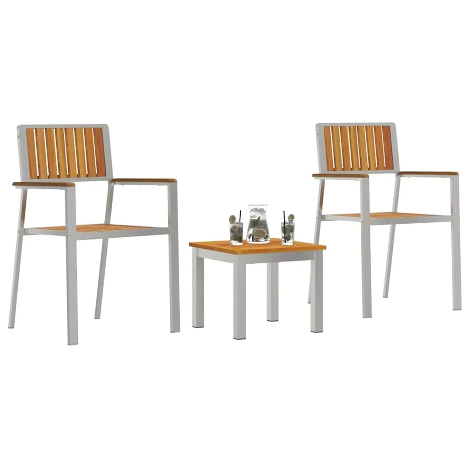 Braune 3-teilige Garten Essgruppe aus Akazienholz mit Tisch und zwei Stühlen.