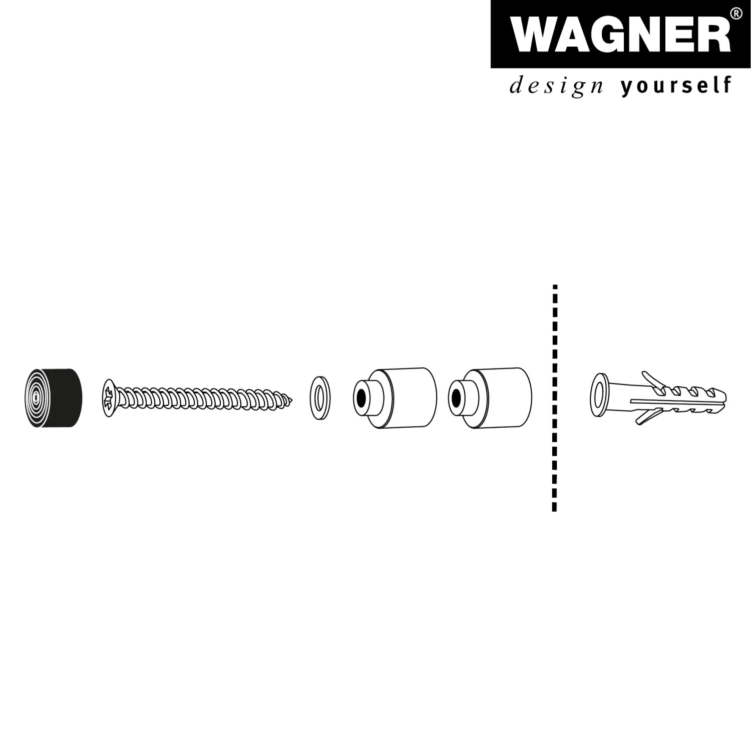 Explosionszeichnung Wagner Wandtürstopper Edelstahl Optik mit Schraube und Dübel.