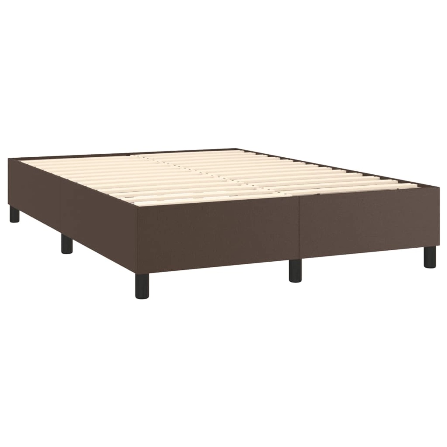 Braunes vidaXL Boxspringbett 140x190 cm aus Kunstleder mit Lattenrost und schwarzen Füßen.