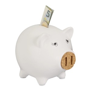 Relaxdays Sparschwein Dolomit Kork EVA Weiß mit Korknase 15,5 cm x 15,5 cm x 19 cm 0,7 kg