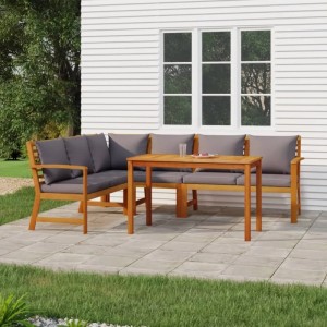 5-tlg. Garten-Essgruppe aus Akazienholz mit grauen Kissen. Gartenmöbel-Set mit Tisch, Bänken und Polstern.