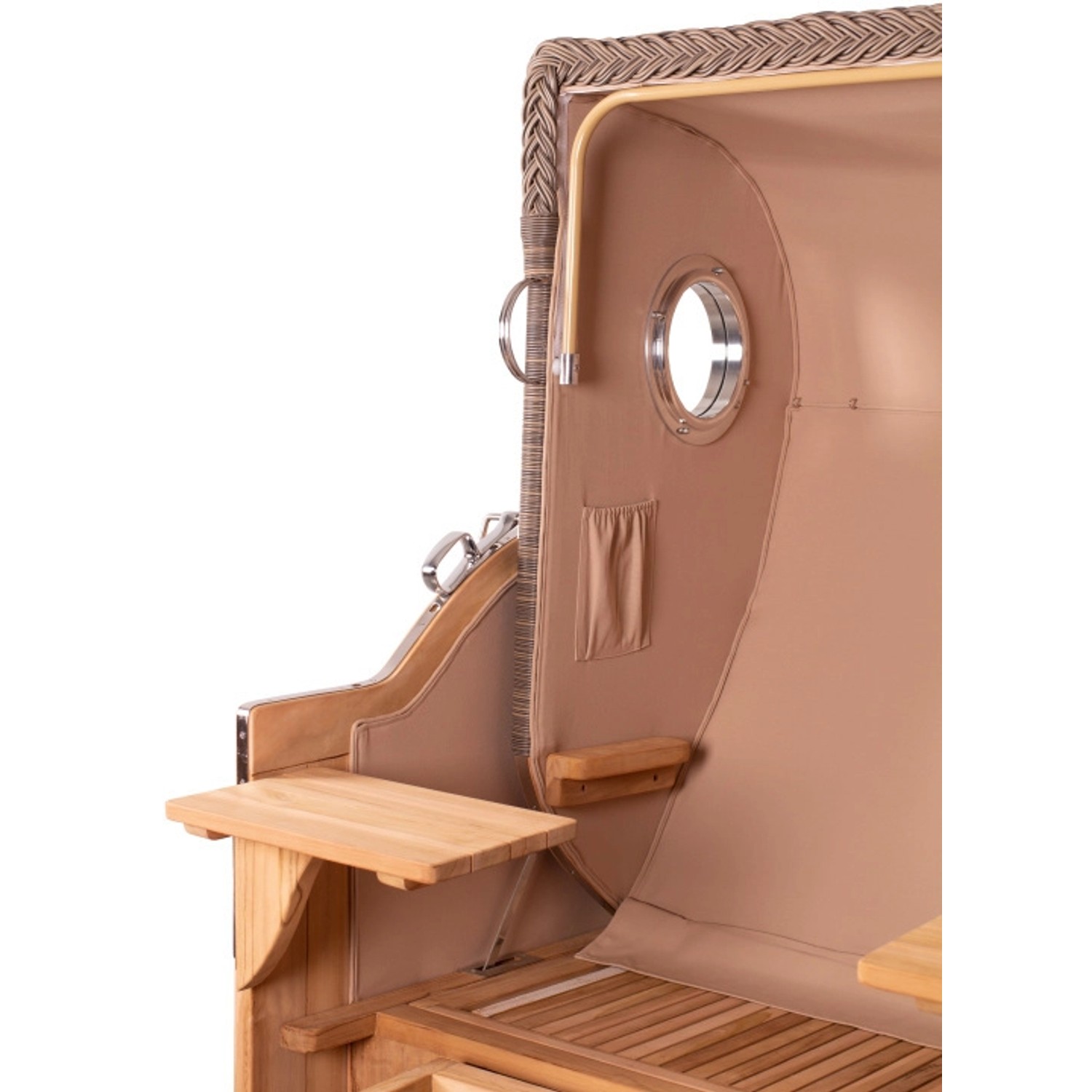 Detailansicht Strandkorb Rantum Grande Teak mit Bullauge und Bistrotisch.