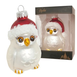 Glänzende weiße Glas-Eule mit roter Weihnachtsmütze und silberner Kappe. 8cm Christbaumschmuck.