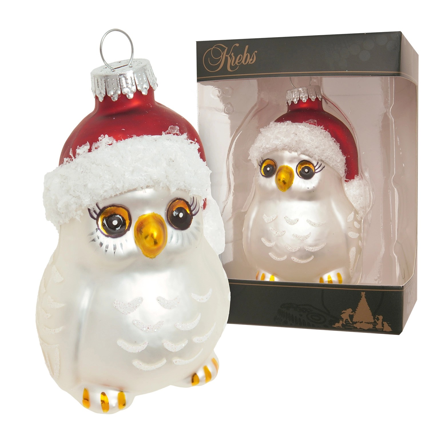 Krebs Glas Lauscha Baumschmuck Eule mit Weihnachtsmütze Silberfarbig 8cm