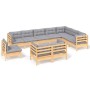 10-tlg. Garten Lounge Set aus Kiefer Massivholz mit grauen Kissen. Gartenmöbel für Terrasse und Garten.