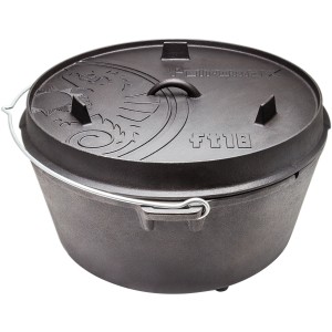 Schwarzer Petromax Dutch Oven FT18 (17,3 l) mit Deckel und Füßen, ideal zum Kochen im Freien.