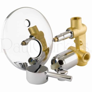 PaulGurkes Unterputz Duschsystem: runde Chrom-Armatur, Messing-Grundkörper, Bedienelemente für Brauseset.