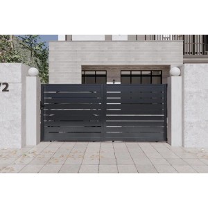 Graues Casanoov Aluminium Schiebetor Vogel 3,5m mit horizontalen Lamellen.