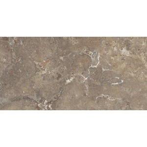 Matte Bodenfliese Feinsteinzeug Travertino, 60x30 cm, Marmor-Optik in Cafe-Braun für Innenräume.