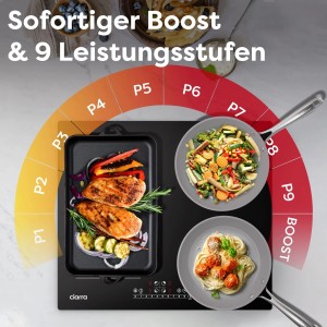 CIARRA Induktionskochfeld 60cm mit Speisen in Pfannen und Grill, Boost & 9 Stufen.