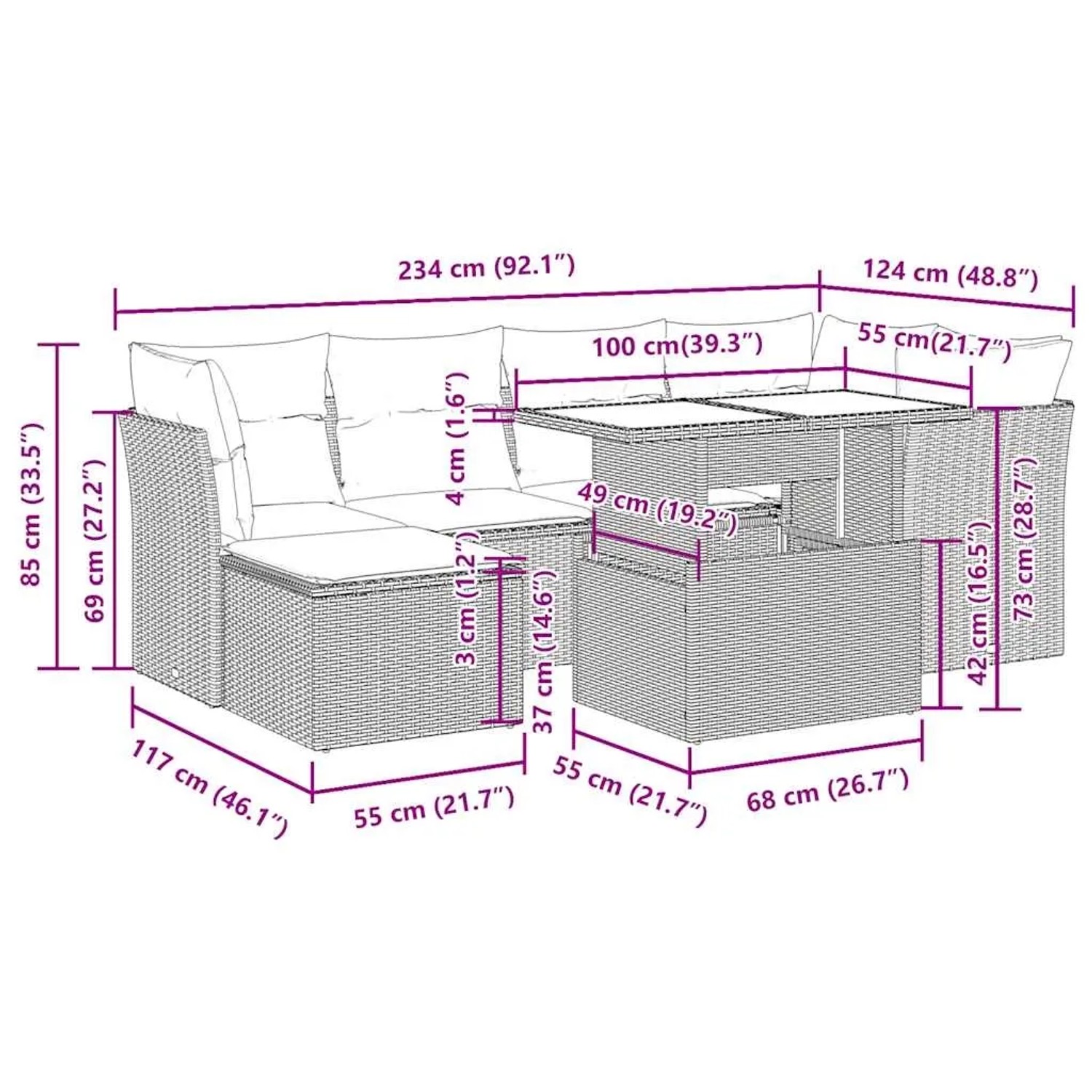 Schwarze 7-tlg. vidaXL Garten-Sofagarnitur aus Polyrattan mit Kissen, Maße siehe Detailzeichnung.