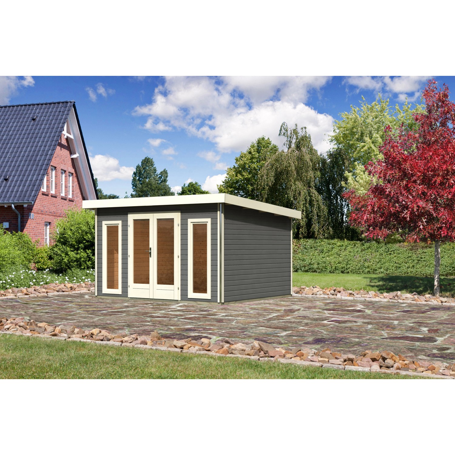 Karibu Holz-Gartenhaus/Gerätehaus Norrköping Terragrau Pultdach Lackiert 365 cm x 305 cm