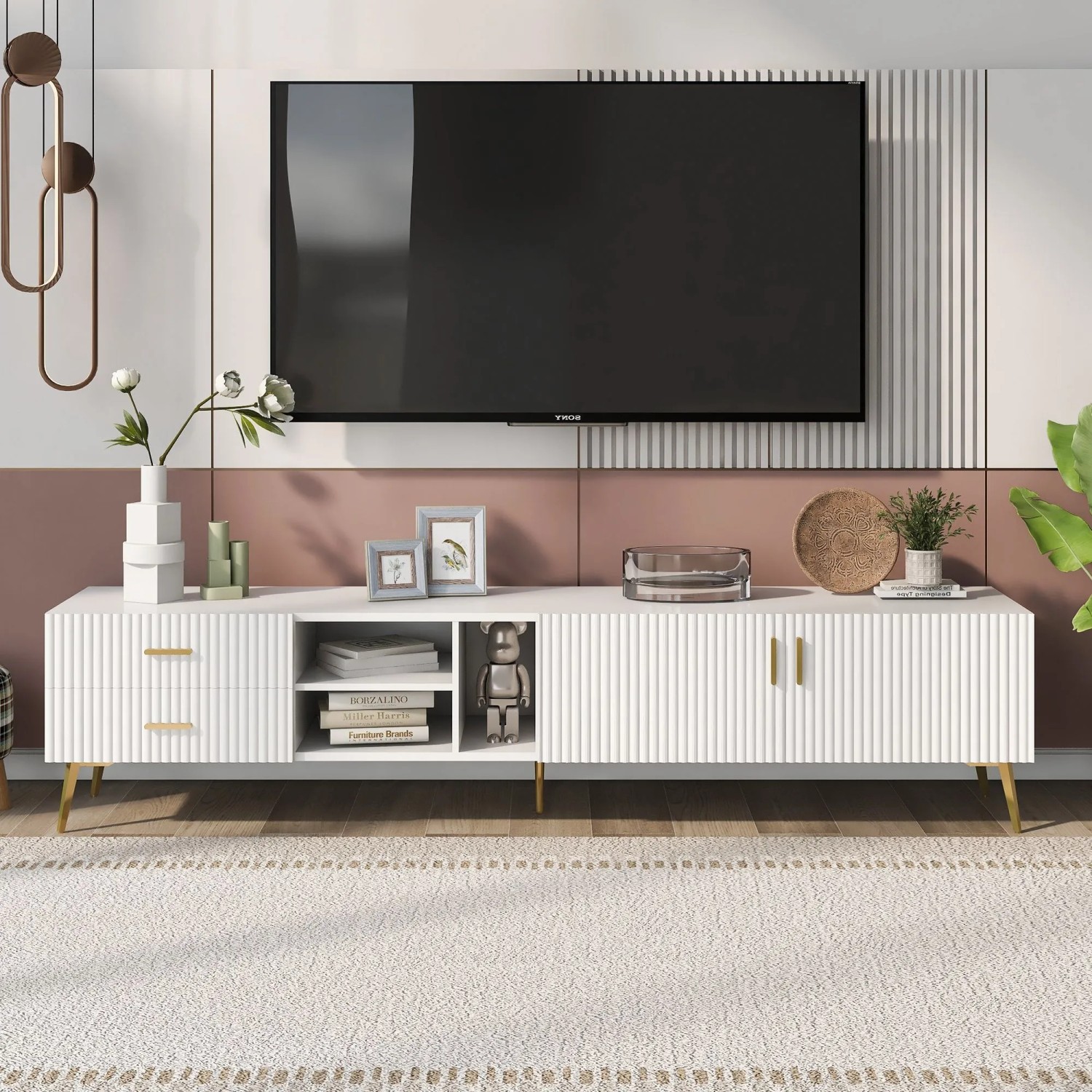 Merax TV Lowboard Für 75 Zoll TV Entertainment Center Weiß