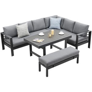 Graues MeXo Aluminium Lounge-Set mit Esstisch und Bank für 8 Personen.