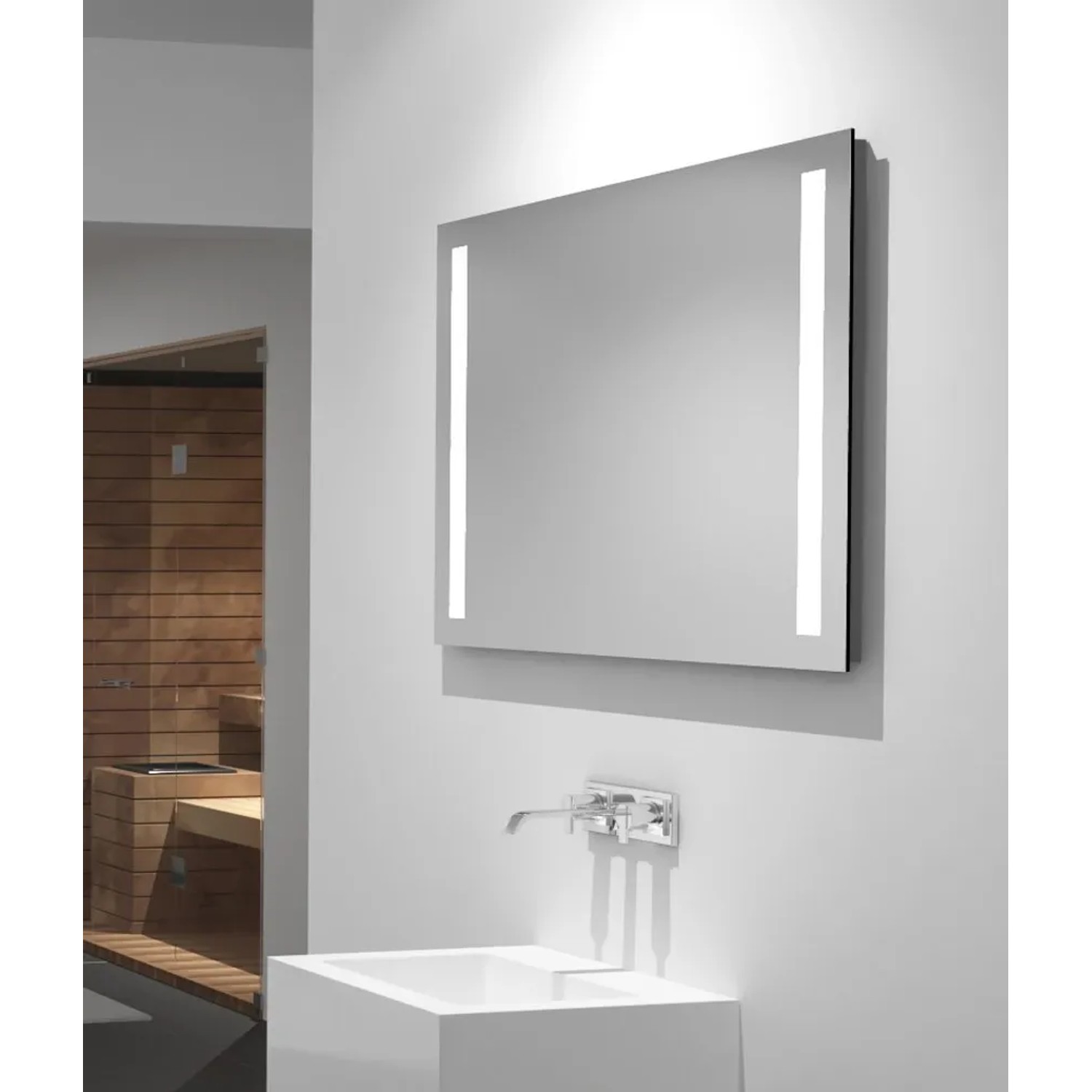 DSK Design LED-Lichtspiegel Silver Dream, 80x60 cm, mit seitlicher LED-Beleuchtung im Badezimmer.