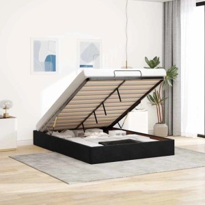 Schwarzes Ottoman-Bett 140x200cm aus Samt mit Stauraum unter Lattenrost, ohne Matratze.