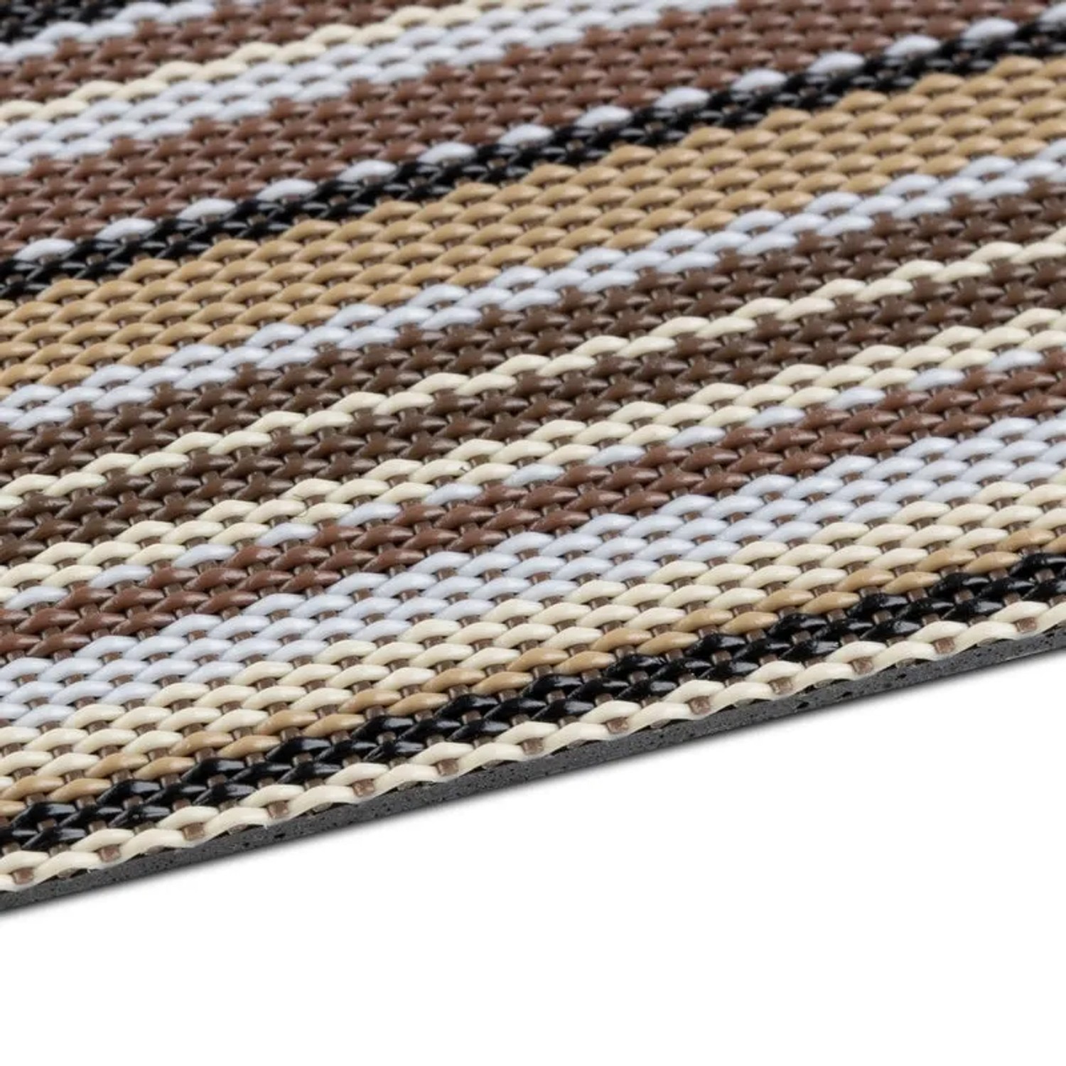 Detailansicht des Outdoor-Teppichs Asti mit Streifen in Braun-, Beige- und Weißtönen.