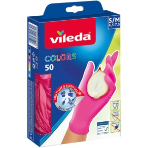 Vileda Colors Nitril Einweghandschuhe, Größe S/M, 50 Stück, pink, für Haushalt und Küche.